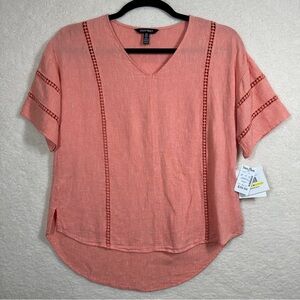 Ellen Tracy Boxy Peach Blouse with Short Sleeves Linen Rayon‎ Blend